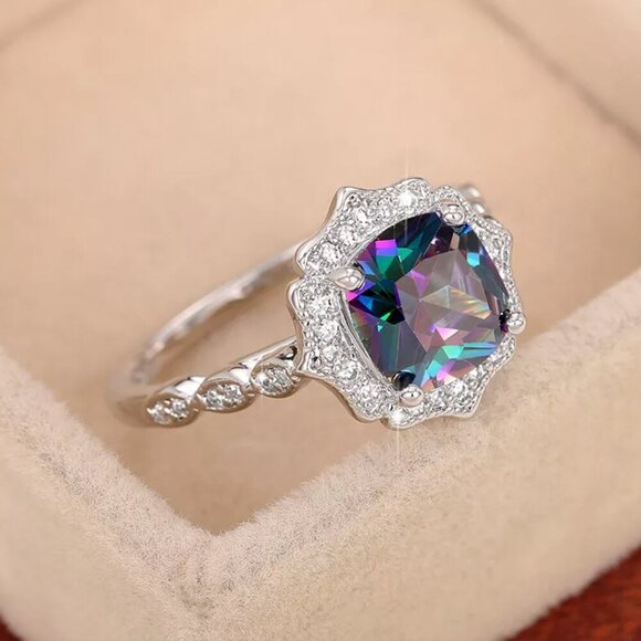 NEW 925 Sterling Silver Mystic Topaz Diamond Halo Cushion Cut Ring - Picture 3 of 5